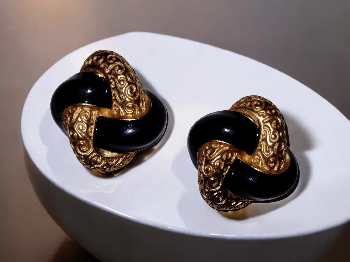 Vintage Anne Klein Earrings Black & Gold Enamel Earrings