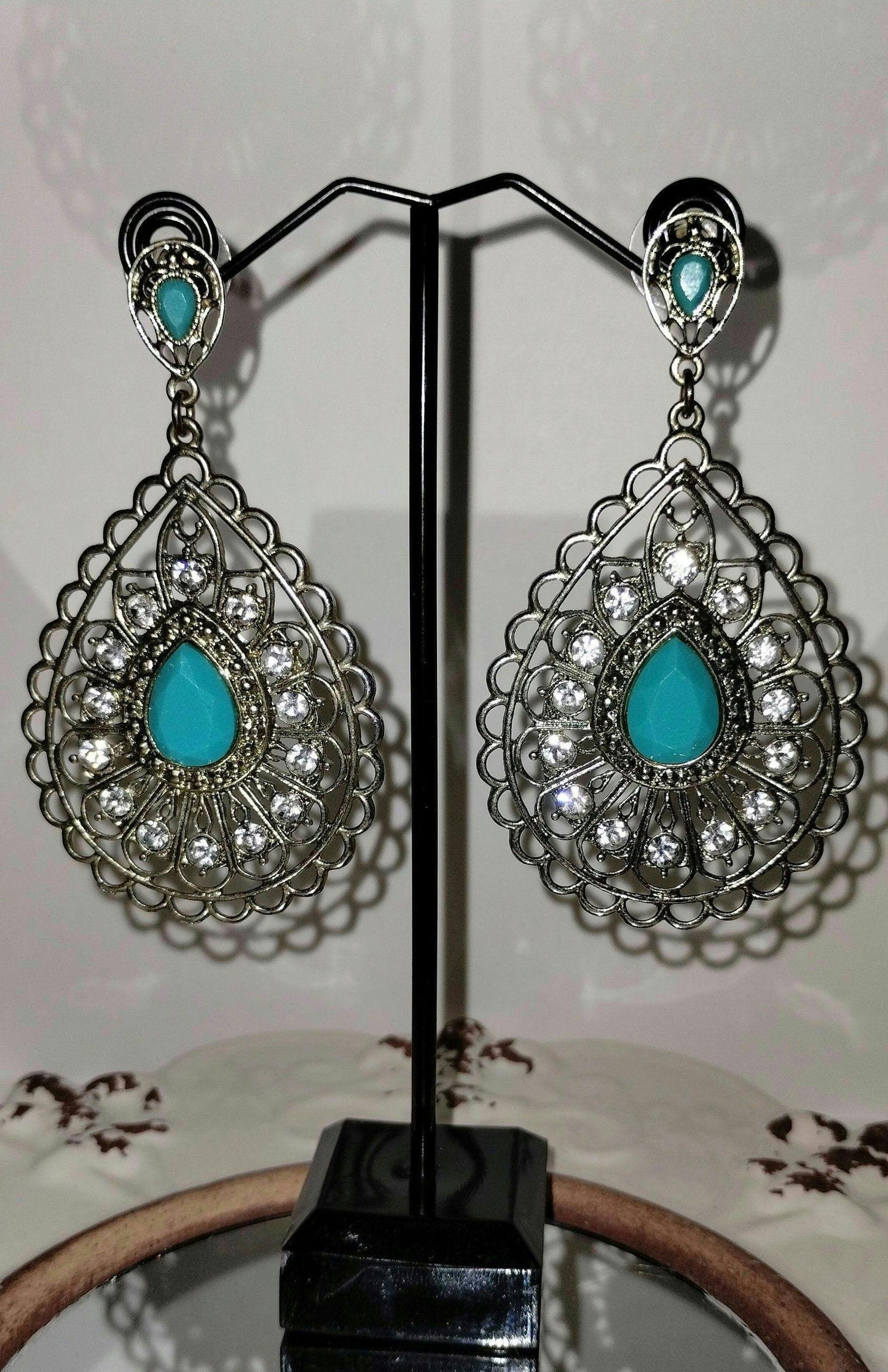 Turquoise Long Dangle Earrings with Rhinestones