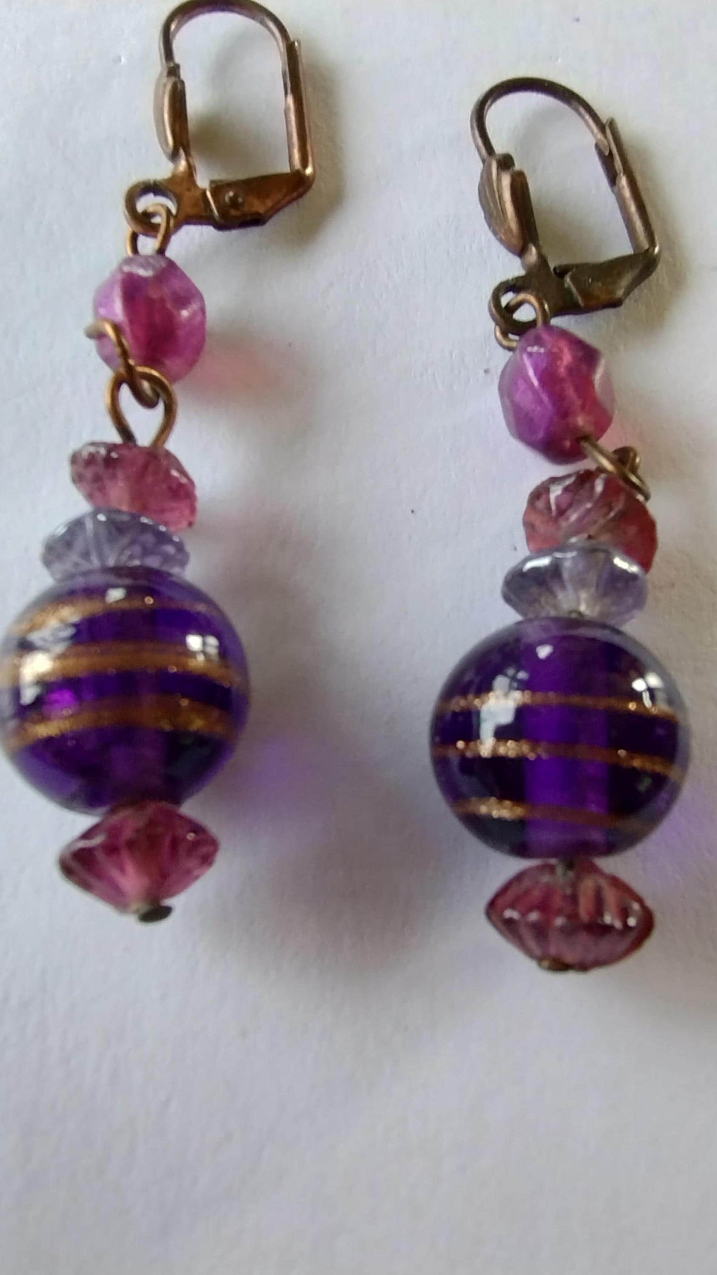 Purple and Gold Swirl Striped Murano Glass Earrings