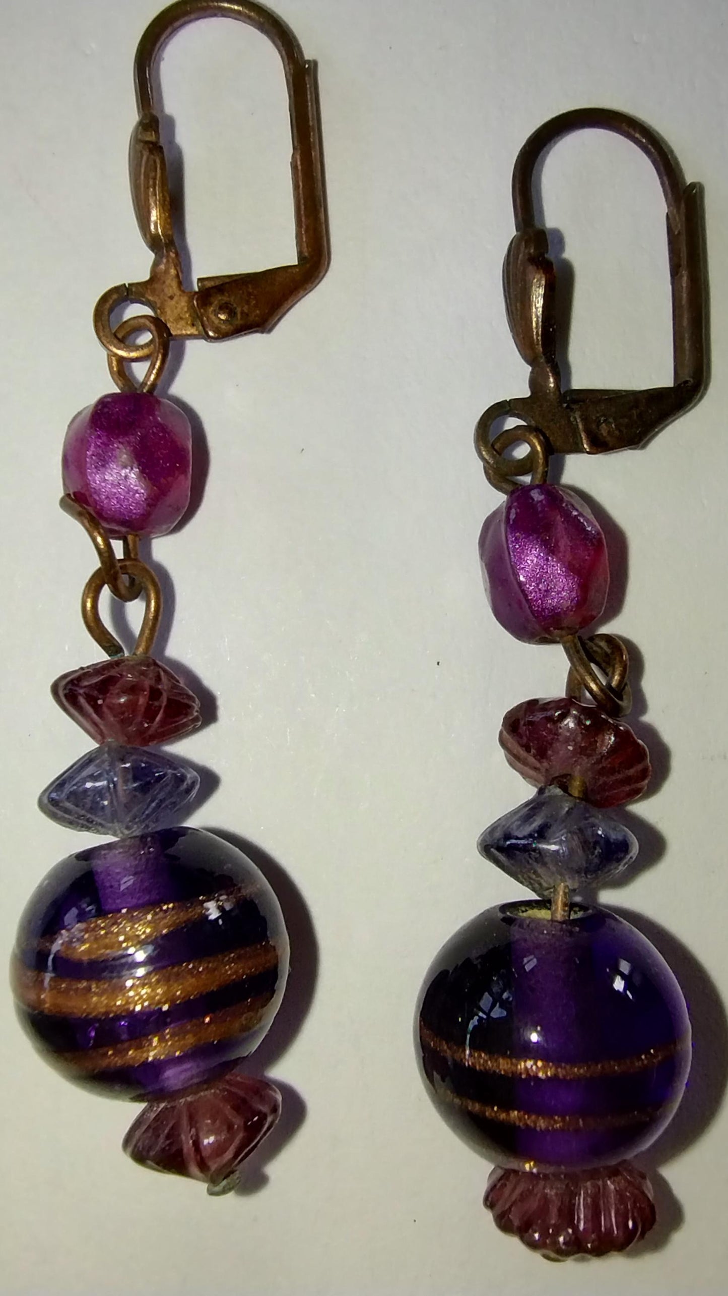 Purple and Gold Swirl Striped Murano Glass Earrings