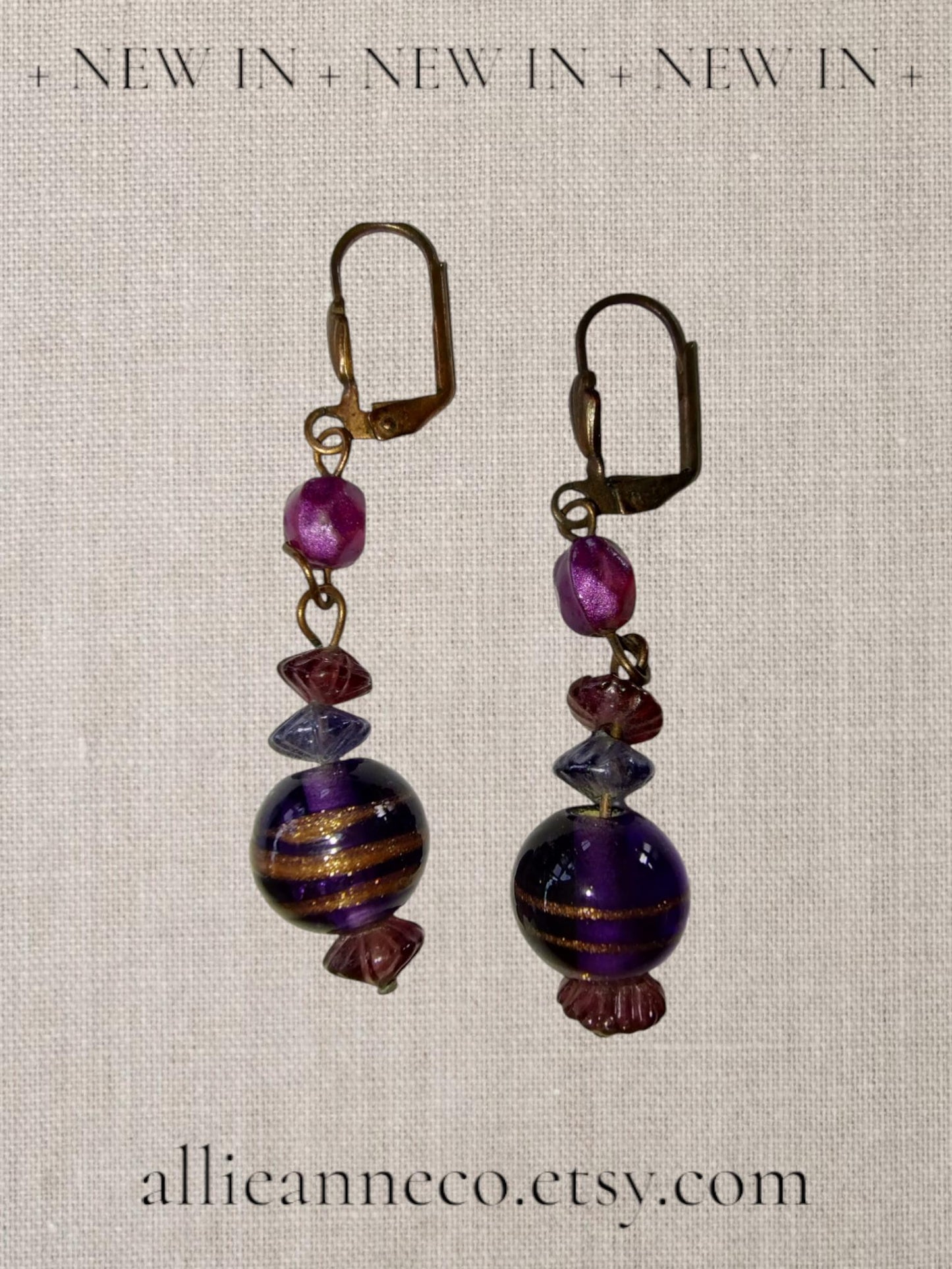 Purple and Gold Swirl Striped Murano Glass Earrings