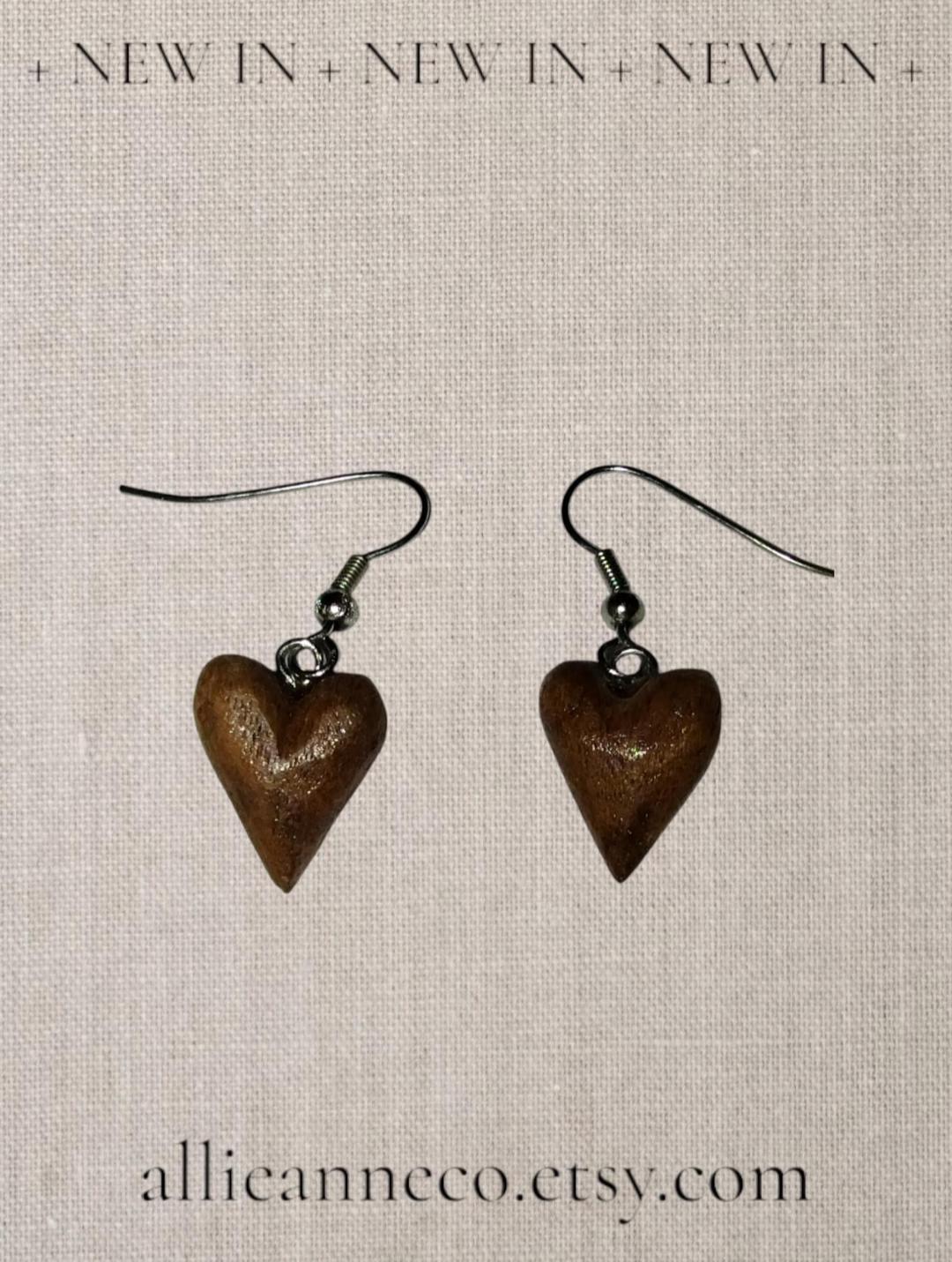 Wood Heart Earrings Carved Wood