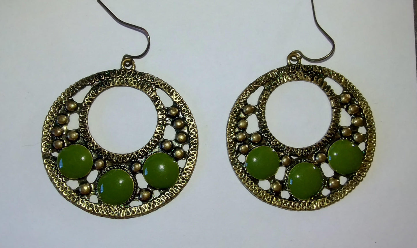 Bronze Color Hoop Earrings with Green Stones