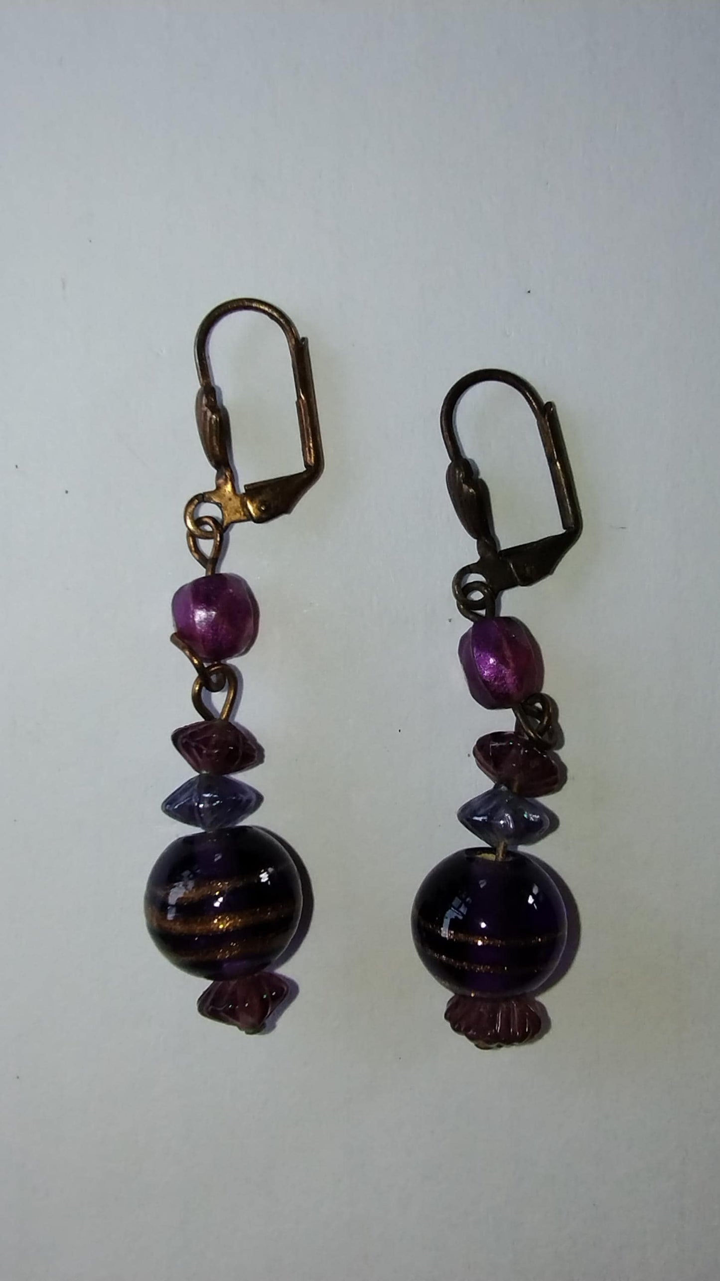 Purple and Gold Swirl Striped Murano Glass Earrings