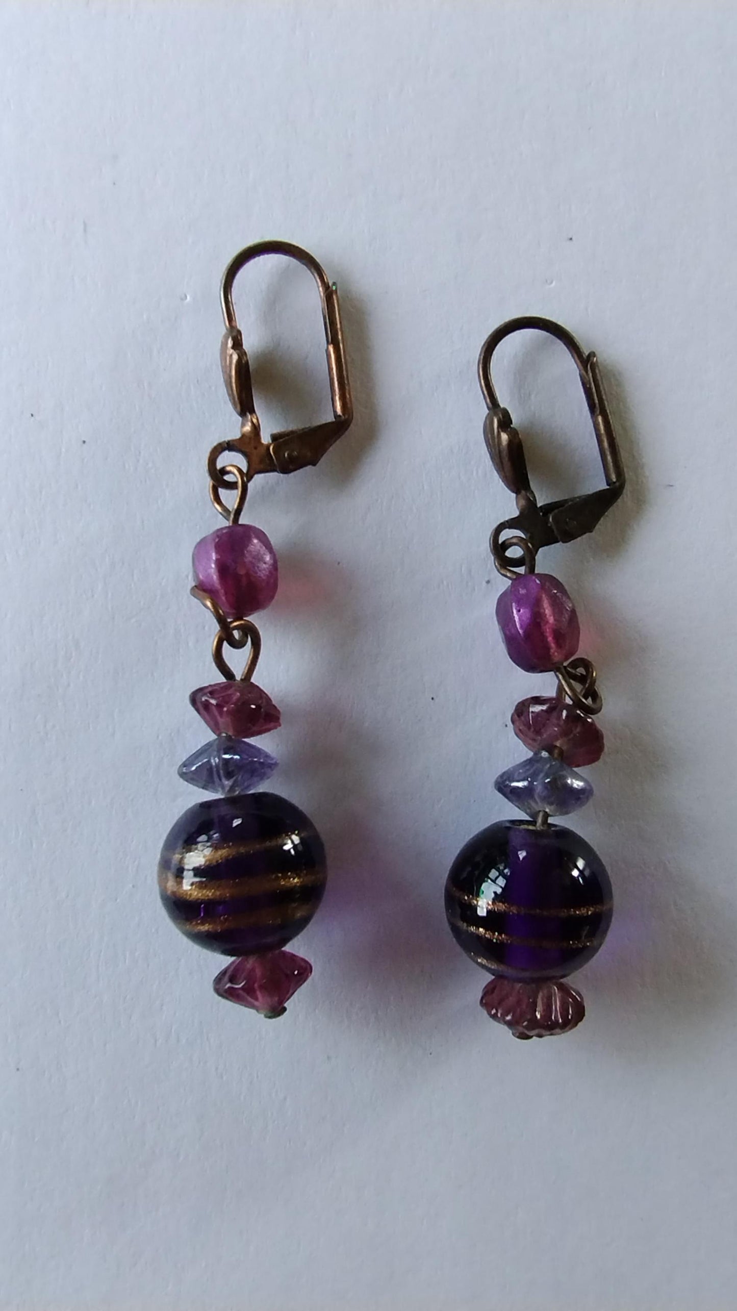 Purple and Gold Swirl Striped Murano Glass Earrings