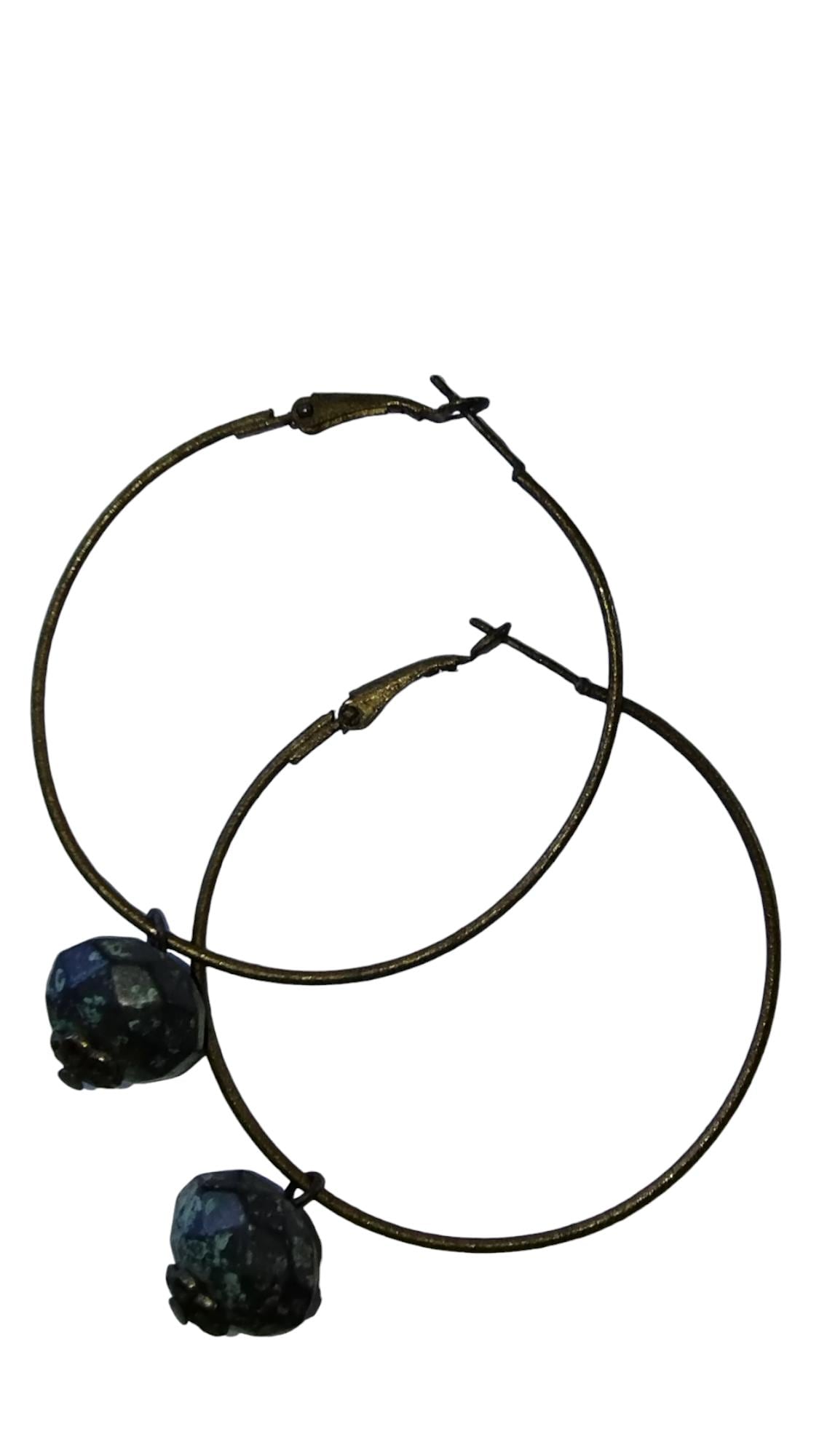 Bronze Colored Hoop Earrings with Green Stone