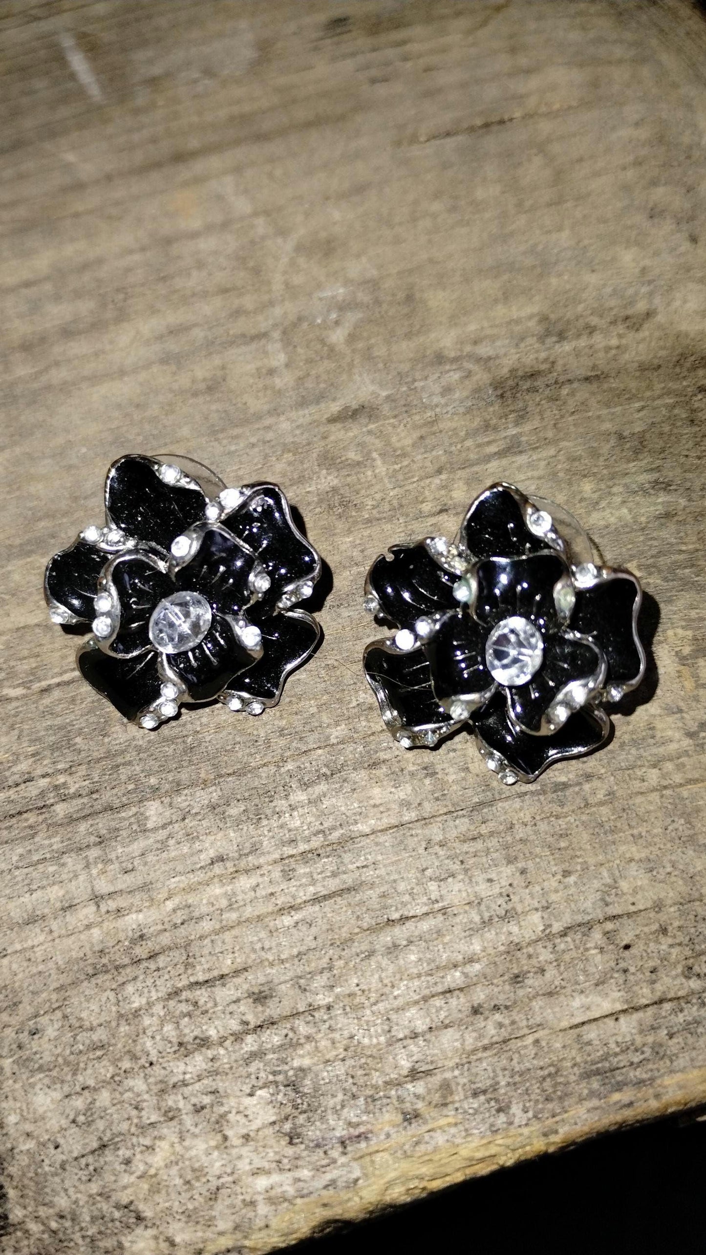 Black Enamel Flower Vintage Earrings with Rhinestones