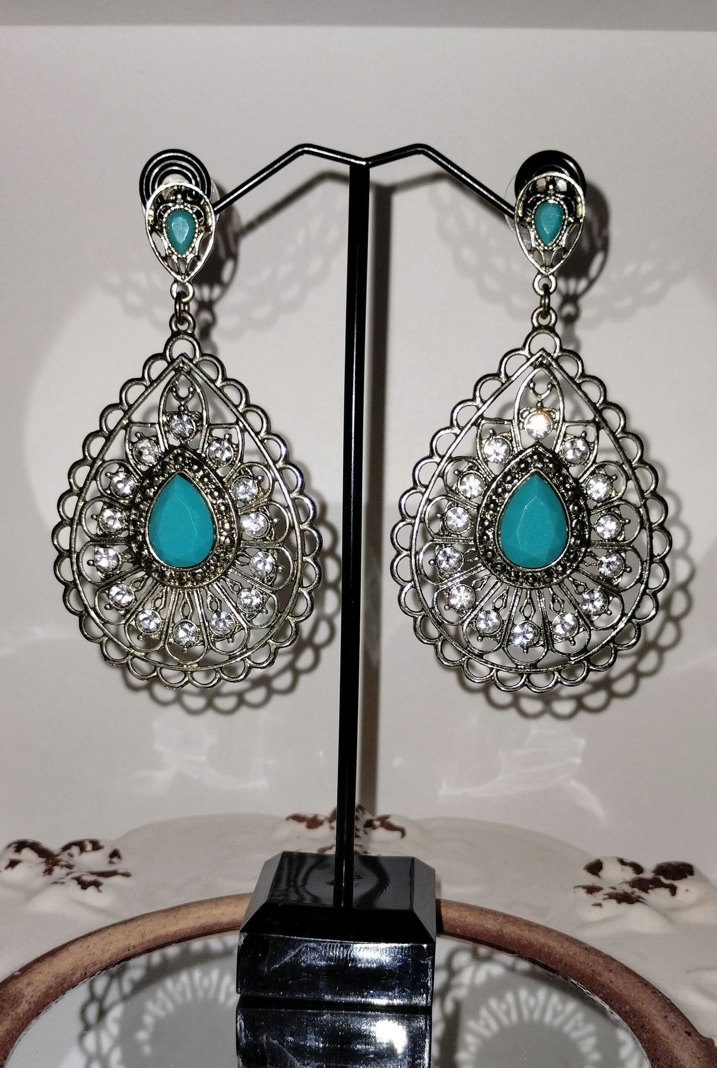 Turquoise Long Dangle Earrings with Rhinestones