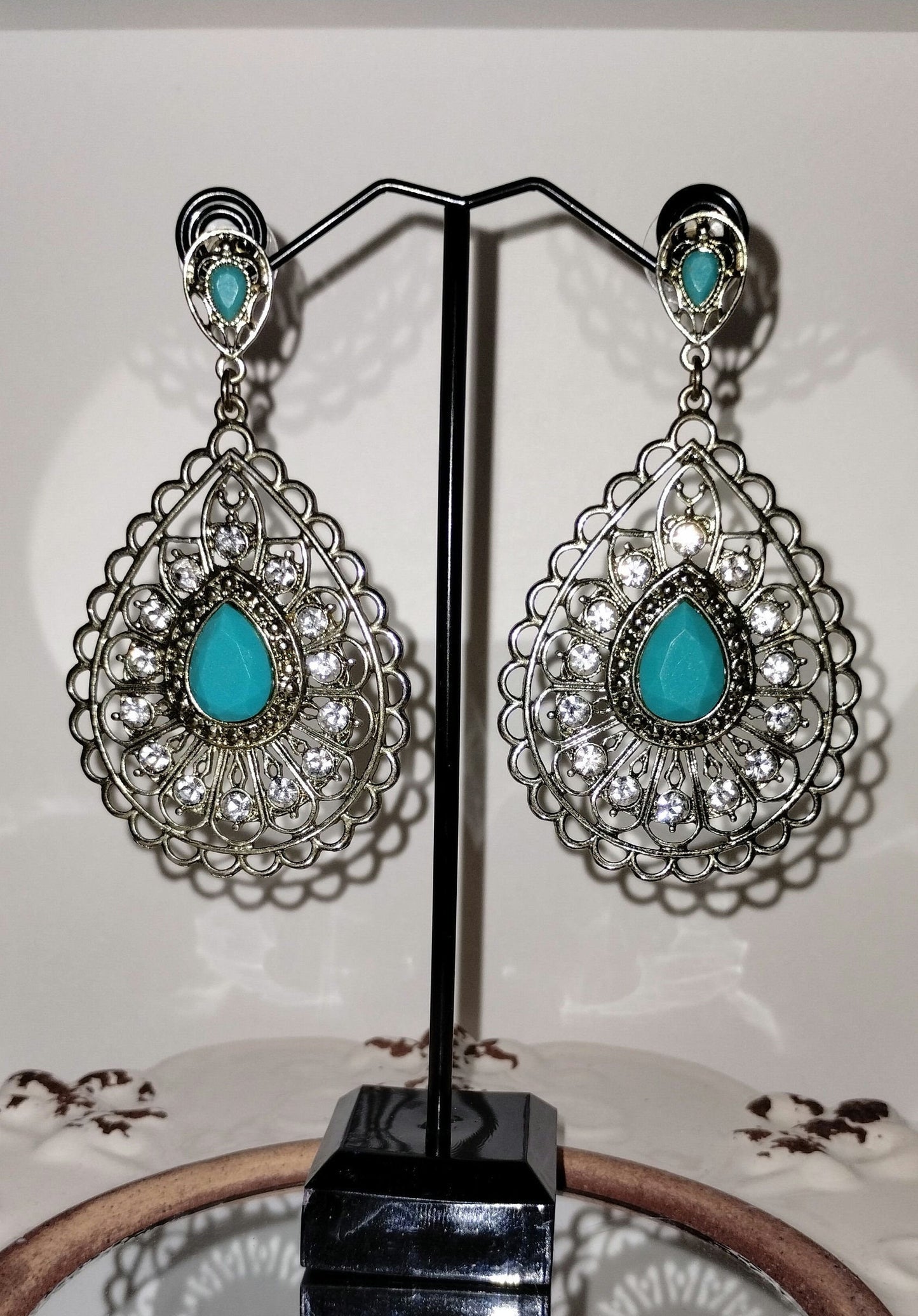 Turquoise Long Dangle Earrings with Rhinestones