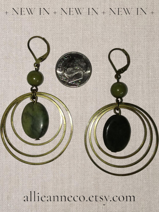 Hoop & Green Stone Earrings Bronze Color