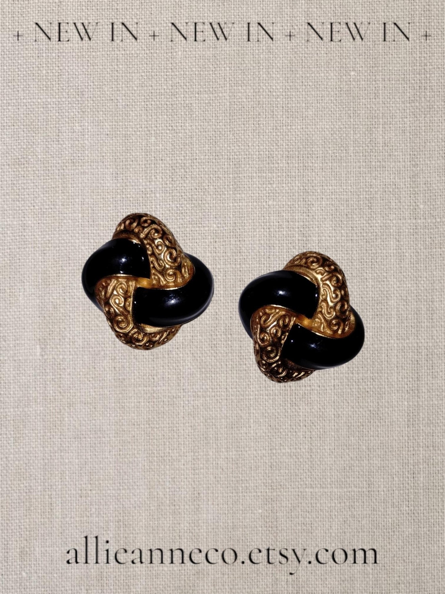 Vintage Anne Klein Earrings Black & Gold Enamel Earrings