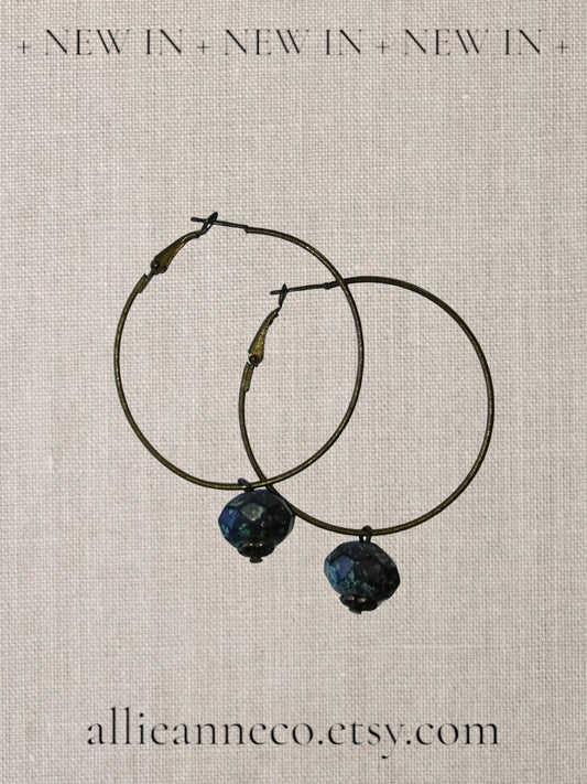 Bronze Colored  Hoop Earrings with Green Stone