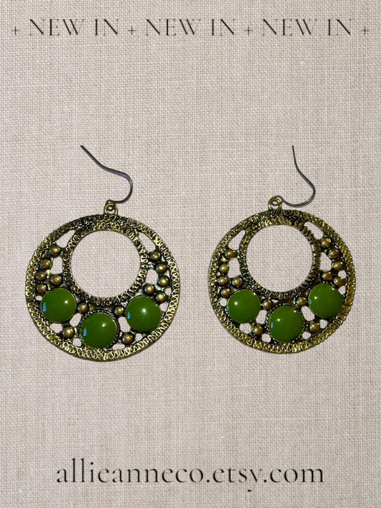 Bronze Color Hoop Earrings with Green Stones