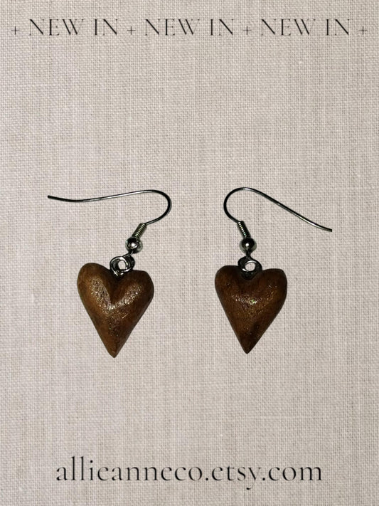 Wood Heart Earrings Carved Wood