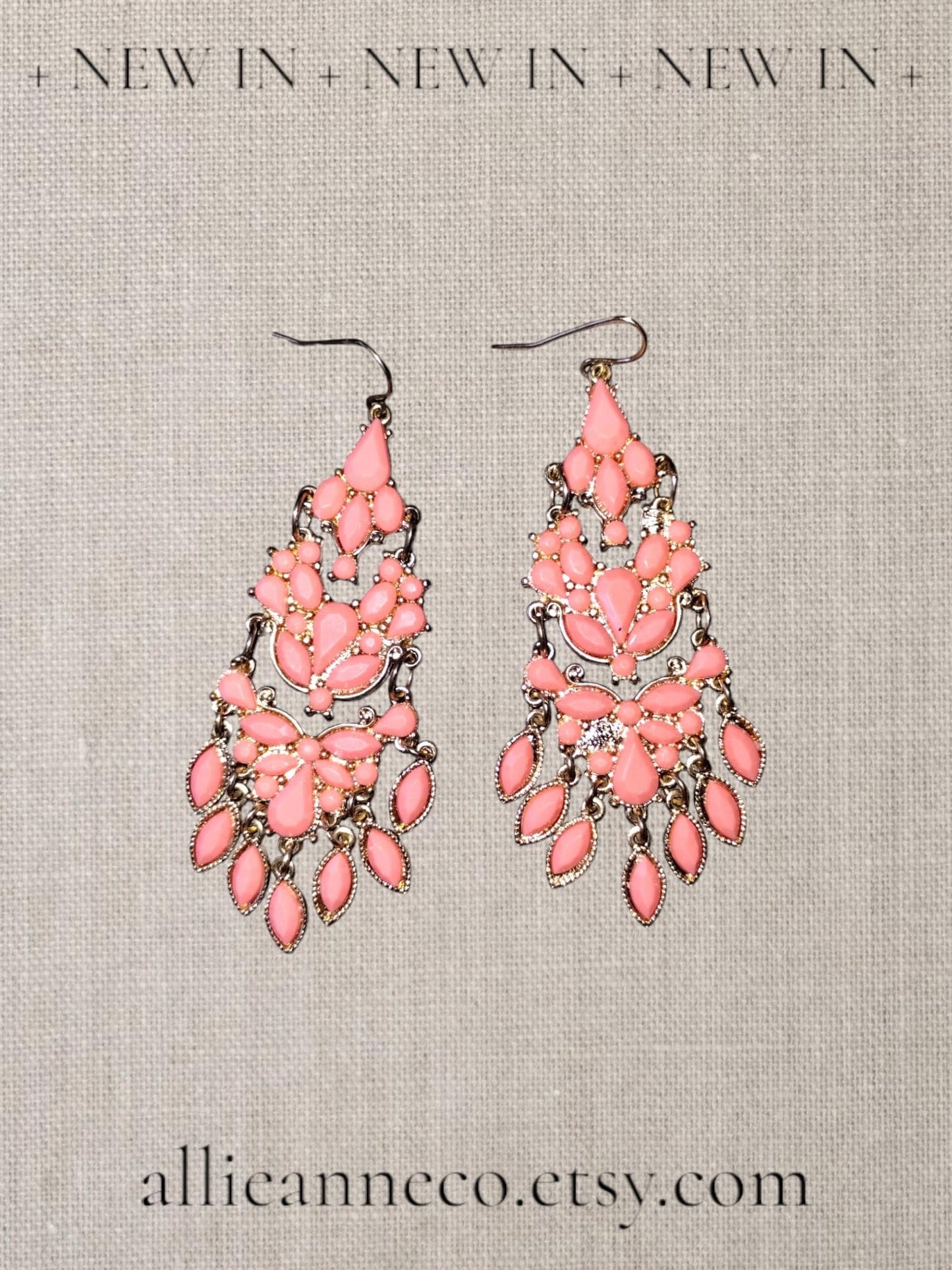 Bohemian Chandelier Earrings in a pretty peachy pink color that are 3 inches long..