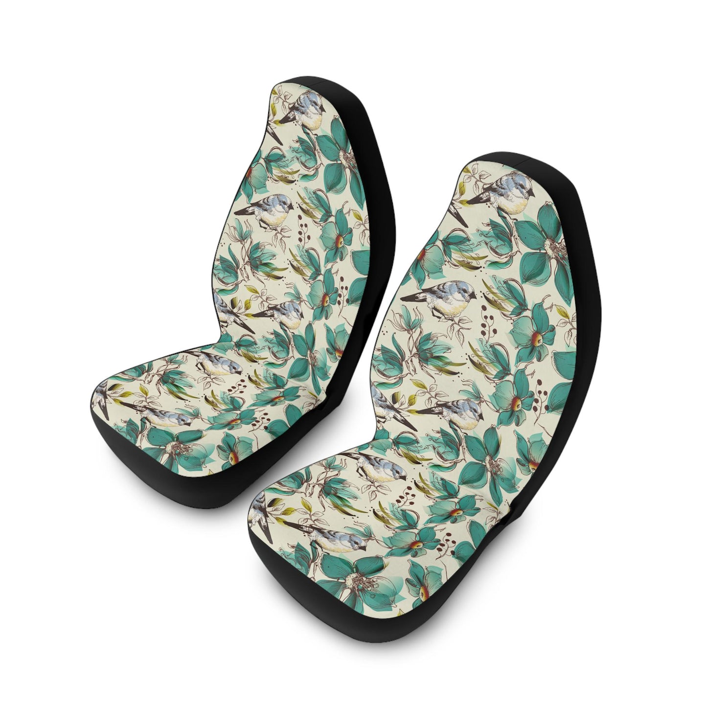 Turquoise Floral Car Seat Covers, Bird Print Vehicle Seat Protectors, Polyester Auto Accessories, Cute Gift for Car Lovers, Custom Design