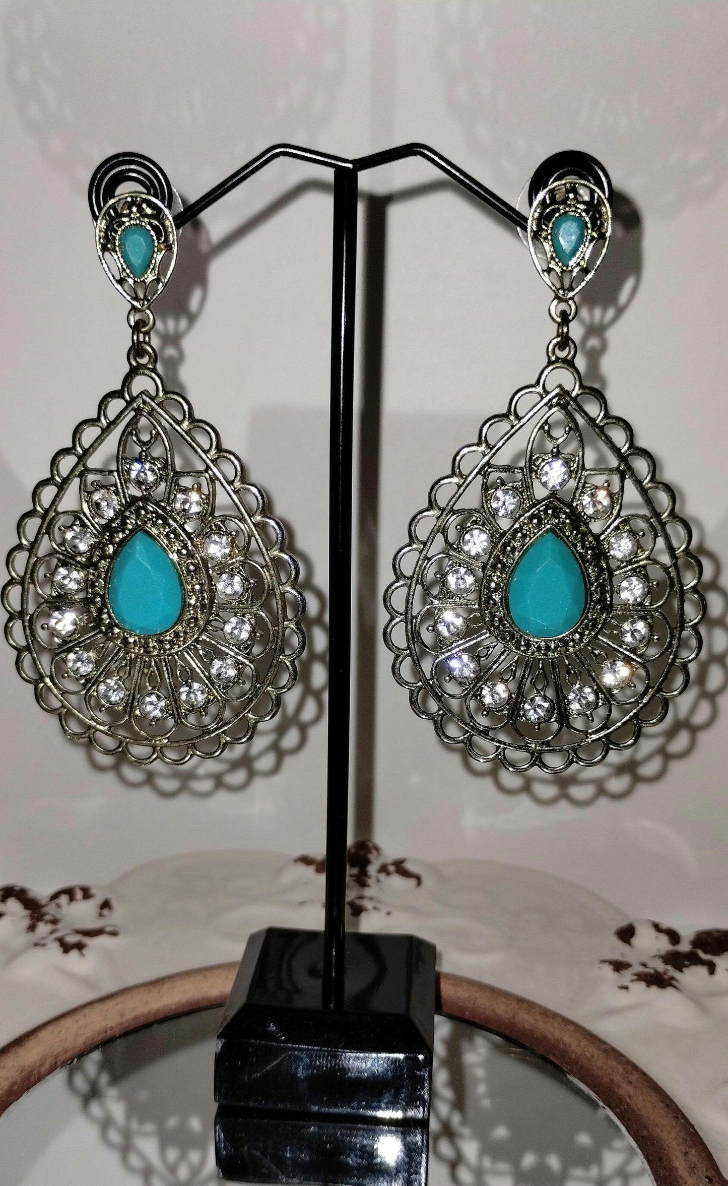 Turquoise Long Dangle Earrings with Rhinestones