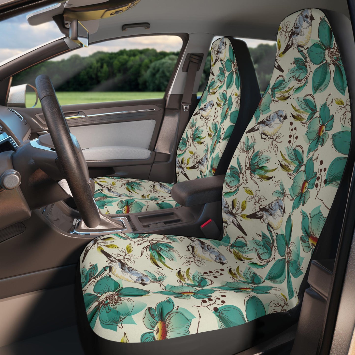 Turquoise Floral Car Seat Covers, Bird Print Vehicle Seat Protectors, Polyester Auto Accessories, Cute Gift for Car Lovers, Custom Design