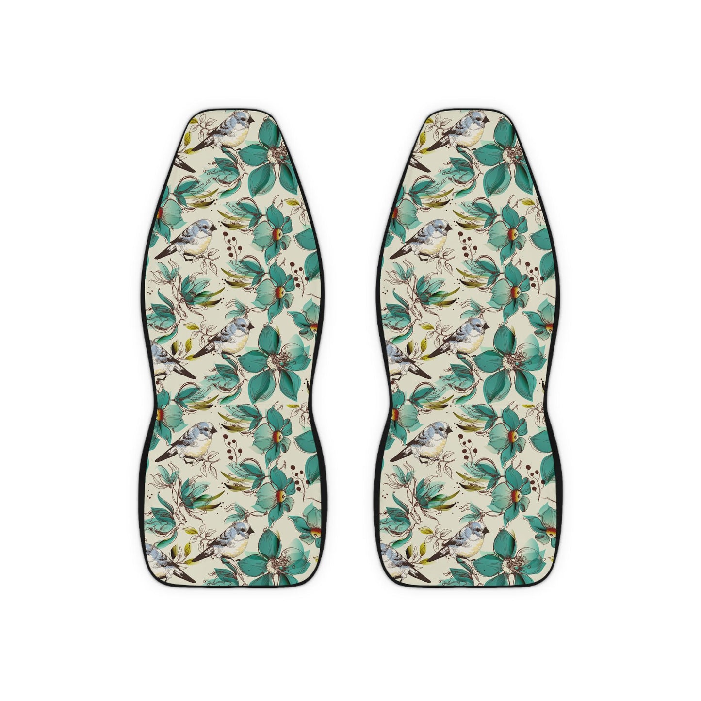 Turquoise Floral Car Seat Covers, Bird Print Vehicle Seat Protectors, Polyester Auto Accessories, Cute Gift for Car Lovers, Custom Design