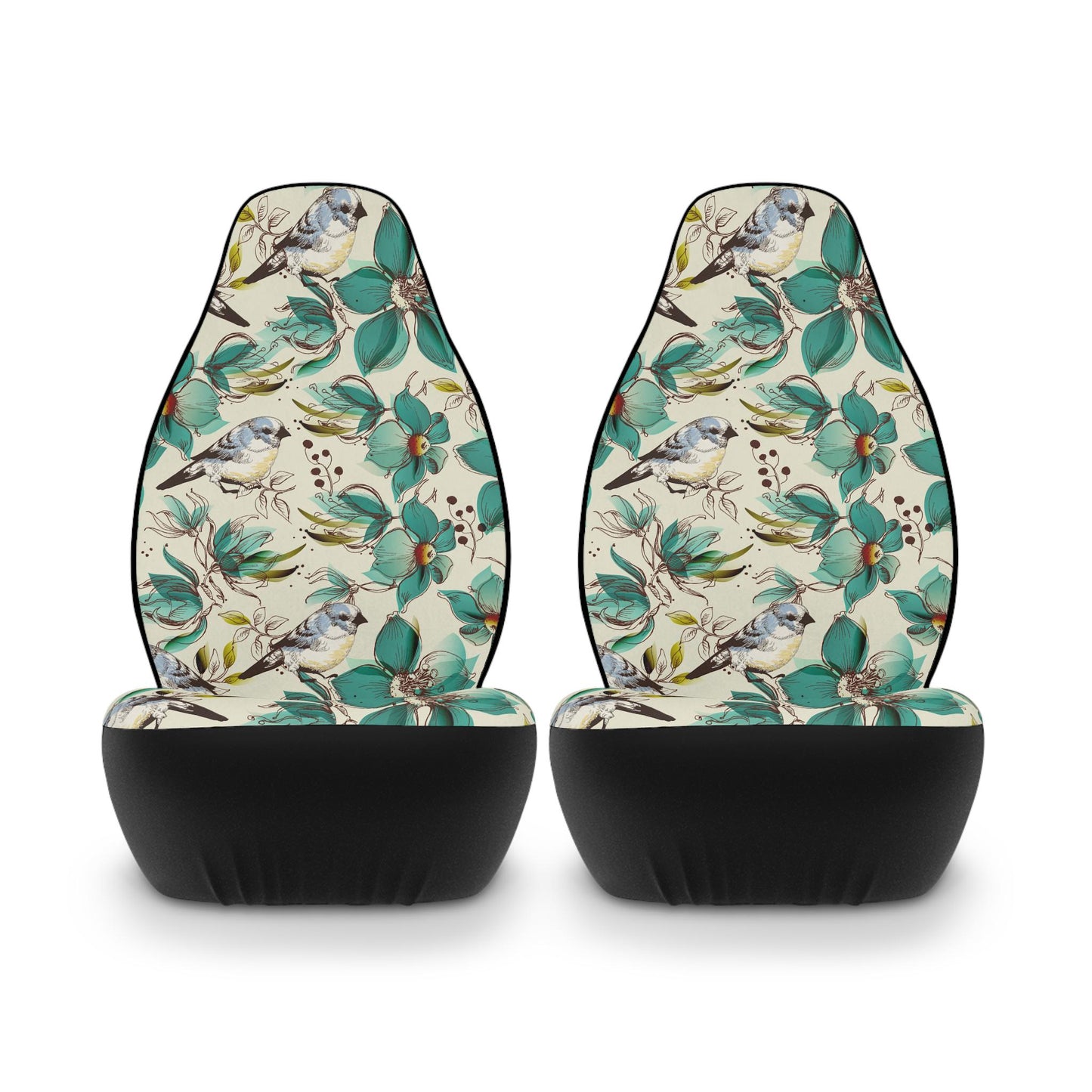 Turquoise Floral Car Seat Covers, Bird Print Vehicle Seat Protectors, Polyester Auto Accessories, Cute Gift for Car Lovers, Custom Design